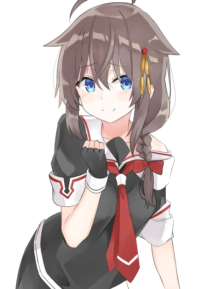 1girl ahoge bare_shoulders black_gloves black_serafuku blue_eyes braid brown_hair clenched_hand fingerless_gloves gloves hair_braid hair_flaps hair_ornament hair_over_shoulder hair_ribbon highres kantai_collection long_hair looking_at_viewer necktie red_neckwear red_ribbon remodel_(kantai_collection) ribbon school_uniform senx serafuku shigure_(kantai_collection) simple_background single_braid smile solo white_background