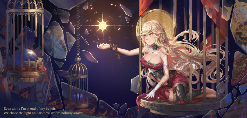 1girl bandage bare_shoulders barefoot blonde_hair blood breasts cage choker cleavage earrings egg gloves highres jewelry large_breasts long_hair nest saber_01 scar sdorica_-sunset- single_glove single_thighhigh sitting solo thigh-highs torn_clothes torn_thighhighs yellow_eyes