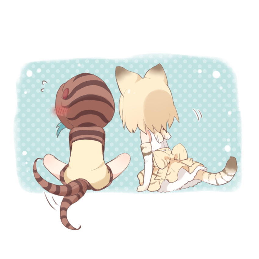 2girls afterimage animal_ears back_bow bare_legs blonde_hair blue_hair blush bow buchi_(y0u0ri_) cat_ears cat_tail commentary_request elbow_gloves expressive_tail facing_away flying_sweatdrops frilled_skirt frills gloves highres hood hoodie kemono_friends multiple_girls sand_cat_(kemono_friends) short_hair sitting skirt sleeveless snake_tail tail tail_wagging tsuchinoko_(kemono_friends)