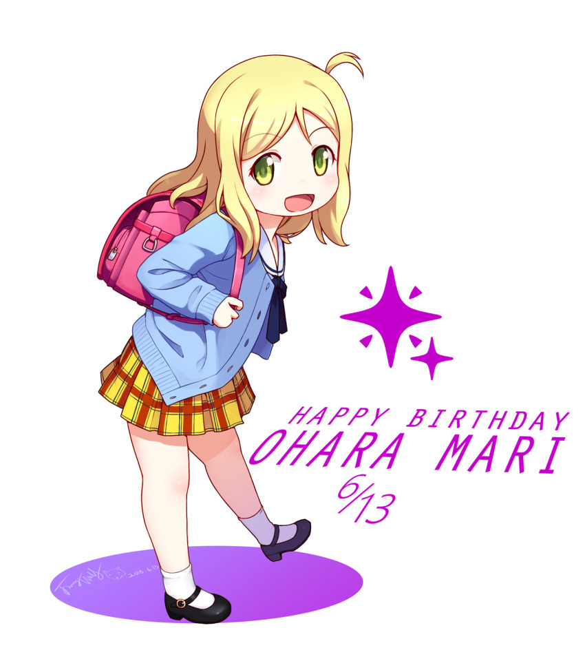 1girl :d ahoge backpack bag black_footwear black_neckwear black_ribbon blonde_hair blue_jacket child commentary_request dated green_eyes highres jacket langbazi looking_at_viewer looking_to_the_side love_live! love_live!_sunshine!! neck_ribbon ohara_mari open_mouth pleated_skirt randoseru ribbon sailor_collar school_uniform serafuku shoes signature simple_background skirt smile socks solo white_background white_legwear white_sailor_collar yellow_skirt