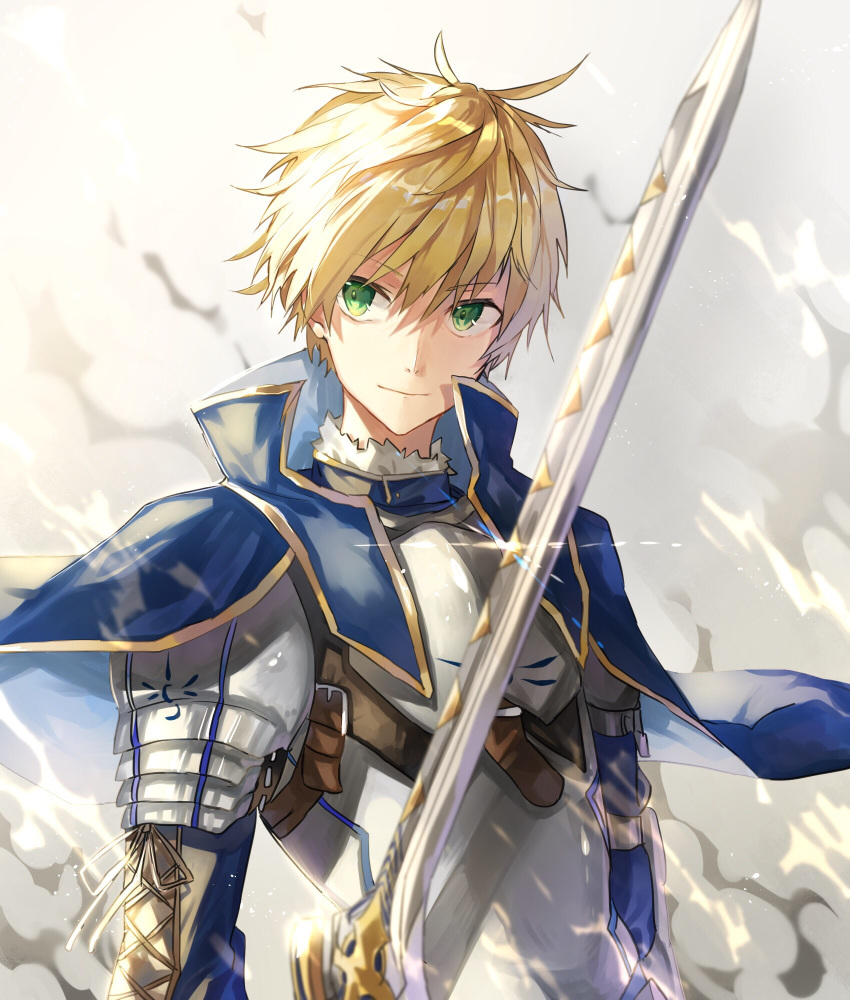 1boy armor arthur_pendragon_(fate) blonde_hair blue_cape cape fate/prototype fate_(series) green_eyes grey_background highres holding holding_sword holding_weapon long_sleeves male_focus smile solo sword tsugutoku weapon white_background