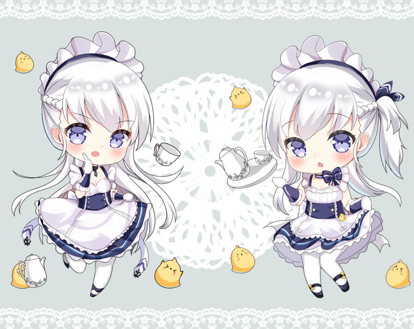 2girls :d apron azur_lane belchan_(azur_lane) belfast_(azur_lane) bird black_dress black_footwear blue_ribbon blush bow braid chestnut_mouth chibi commentary_request cup dress elbow_gloves gloves grey_background hair_ribbon hand_up ju_(a793391187) lace_border long_hair looking_at_viewer maid maid_headdress mary_janes multiple_girls one_side_up open_mouth pantyhose ribbon shoes silver_hair simple_background sleeveless sleeveless_dress smile standing standing_on_one_leg teacup teapot tray very_long_hair violet_eyes waist_apron white_apron white_gloves white_legwear yellow_bow