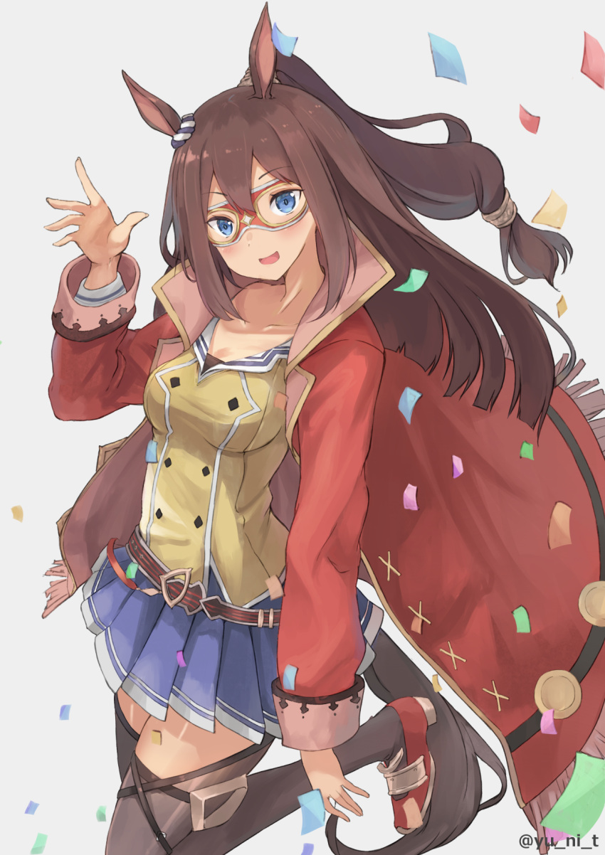 1girl :d animal_ears black_legwear blue_eyes blue_skirt blush breasts brown_hair coat collarbone commentary_request confetti el_condor_pasa head_tilt highres horse_ears long_hair looking_at_viewer mask medium_breasts open_clothes open_coat open_mouth pleated_skirt ponytail red_coat skirt smile solo thigh-highs twitter_username umamusume waving yu_ni_t