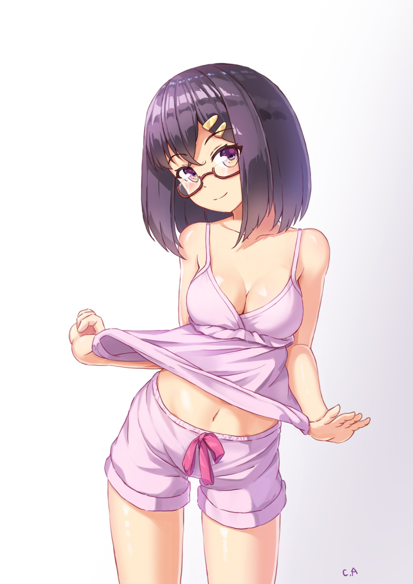 1girl absurdres black_hair breasts brown_eyes camisole camisole_lift cleavage glasses hair_ornament hairclip highres kemo_(pokka) lifted_by_self navel original pink_camisole pink_shorts short_hair shorts sleepwear smile solo
