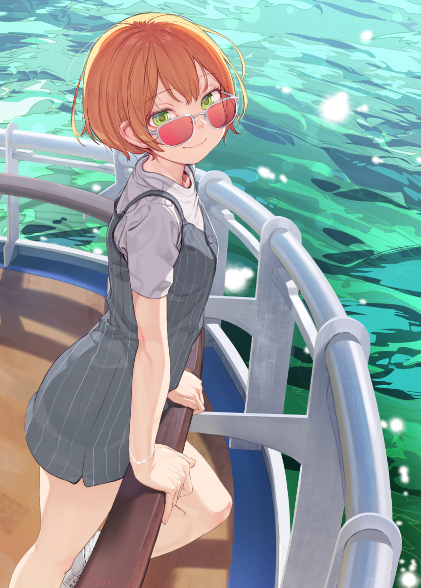 1girl arm_support bangs boat bracelet dress eyebrows_visible_through_hair grey_dress highres hoshizora_rin jewelry looking_at_viewer love_live! love_live!_school_idol_project ocean orange_hair pinafore_dress pinstripe_pattern railing shirt shoes short_dress short_hair short_sleeves smile sneakers socks solo striped sunglasses t-shirt water watercraft white_legwear white_shirt yellow_eyes yunamul