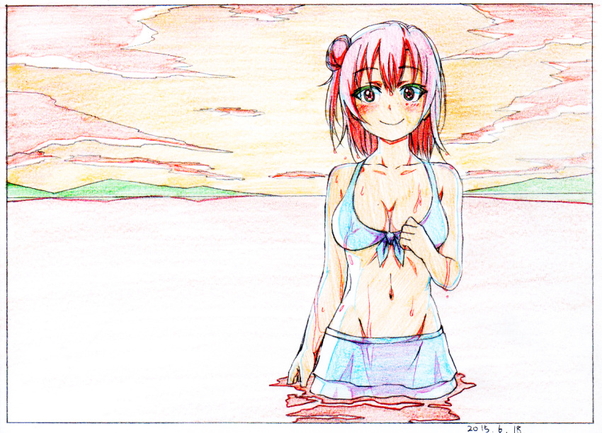 1girl bare_arms bare_shoulders bikini bikini_skirt black_border blue_bikini blue_skirt border breasts closed_mouth colored_pencil_(medium) cowboy_shot dated graphite_(medium) large_breasts limited_palette long_hair navel outdoors pink_x red_eyes redhead short_hair side_bun skirt smile solo standing swimsuit traditional_media wading wet yahari_ore_no_seishun_lovecome_wa_machigatteiru. yuigahama_yui