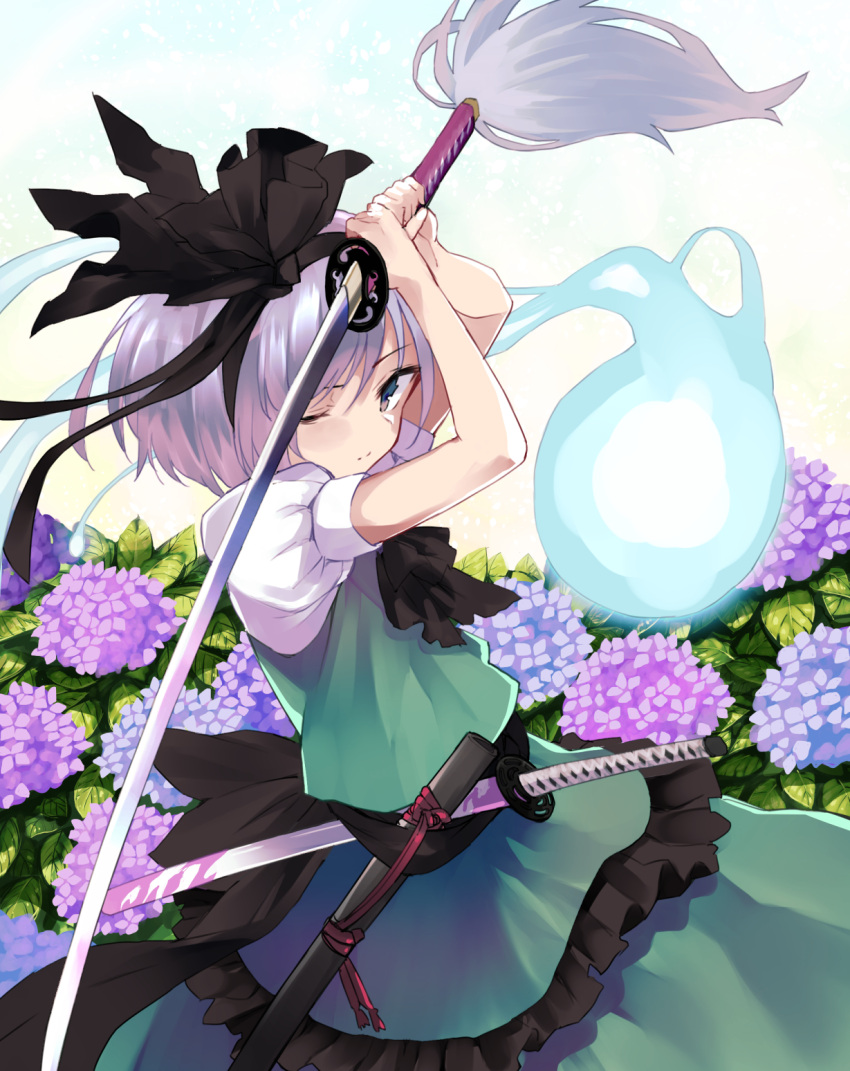 1girl arms_up ascot bangs black_bow black_hairband black_neckwear bow brown_eyes closed_mouth commentary_request eyebrows_visible_through_hair fingernails flower green_skirt green_vest hair_between_eyes hair_bow hairband highres holding holding_sword holding_weapon hydrangea katana konpaku_youmu konpaku_youmu_(ghost) looking_at_viewer nuqura one_eye_closed puffy_short_sleeves puffy_sleeves purple_flower sheath shirt short_hair short_sleeves silver_hair skirt sword touhou unsheathed vest weapon white_shirt
