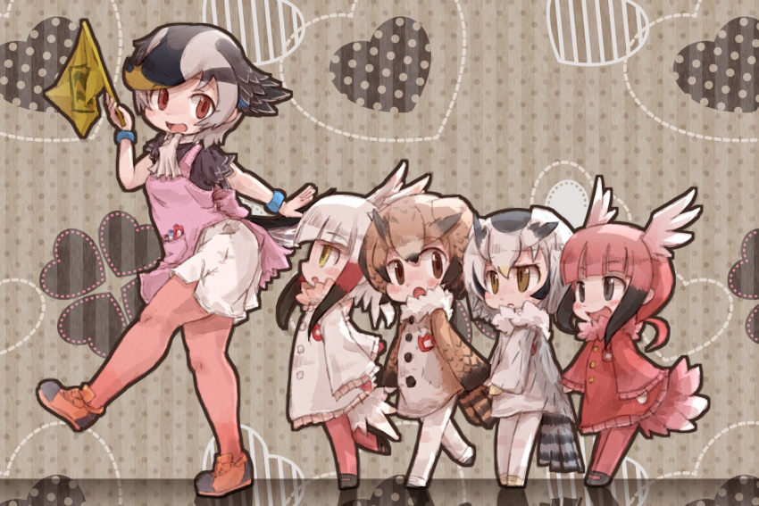 5girls apron bangs bird_tail bird_wings black_hair blonde_hair blue_hair bracelet brown_hair child coat commentary_request dress eurasian_eagle_owl_(kemono_friends) eyebrows_visible_through_hair flag frilled_dress frilled_sleeves frills fur_collar gradient_hair head_wings japanese_crested_ibis_(kemono_friends) jewelry kemono_friends kolshica long_sleeves multicolored_hair multiple_girls northern_white-faced_owl_(kemono_friends) pantyhose redhead scarf scarlet_ibis_(kemono_friends) short_sleeves sidelocks spot-billed_duck_(kemono_friends) white_hair wings