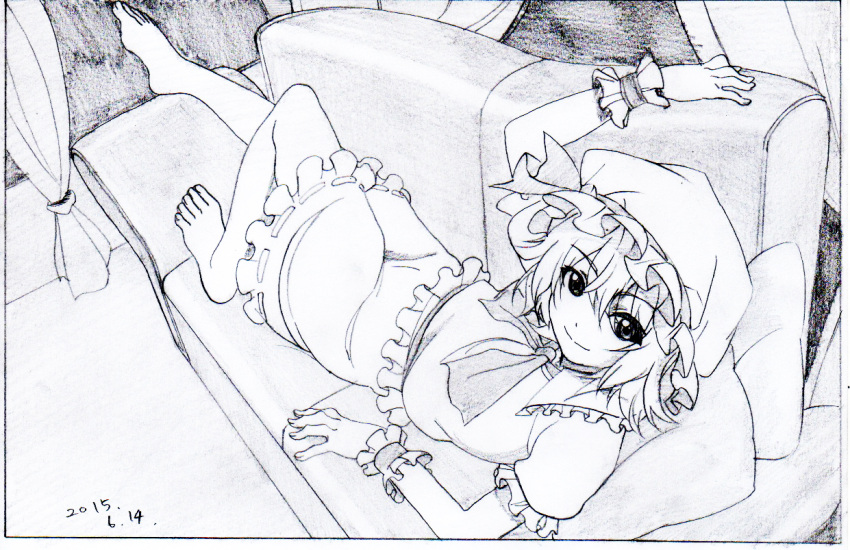 1girl ascot barefoot black_border border closed_mouth couch curtains dated graphite_(medium) greyscale hat looking_at_viewer lying mob_cap monochrome on_couch pink_x remilia_scarlet shirt short_hair short_sleeves skirt smile solo touhou traditional_media