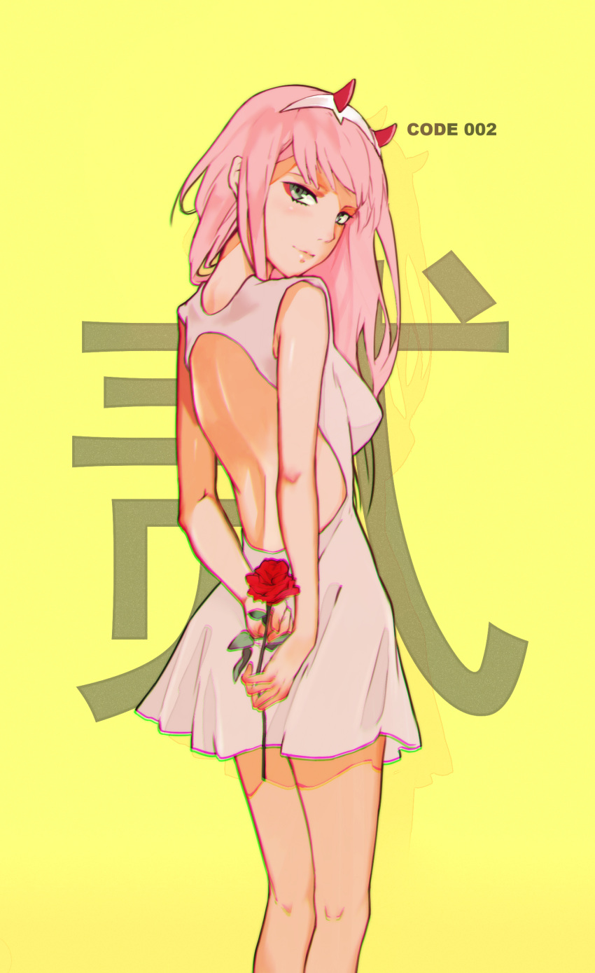 1girl absurdres afternoir backless_outfit bangs darling_in_the_franxx dress eyebrows_visible_through_hair fake_horns flower from_behind green_eyes hairband head_tilt highres holding holding_flower long_hair looking_back open-back_dress pink_hair red_flower red_rose rose short_dress simple_background sleeveless sleeveless_dress solo standing swept_bangs white_dress white_hairband yellow_background zero_two_(darling_in_the_franxx)