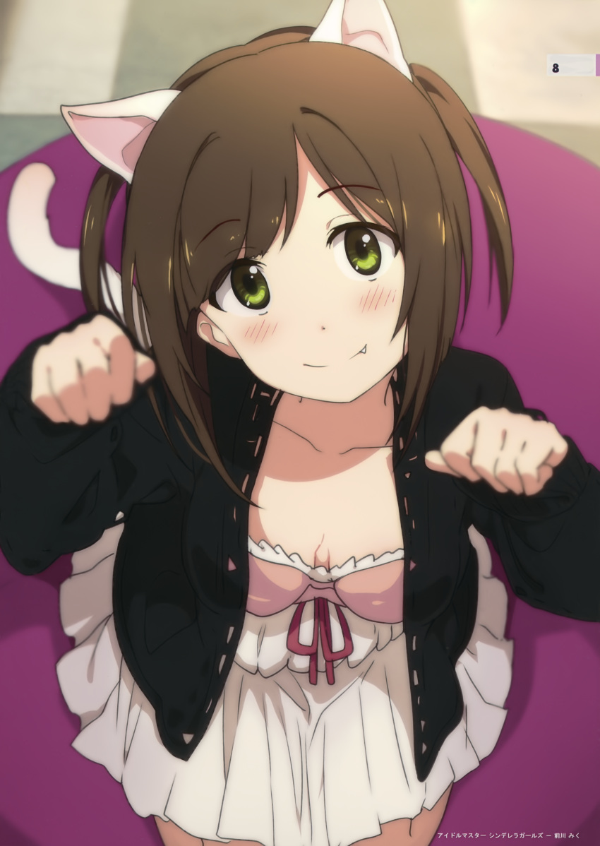 1girl absurdres animal_ears breasts brown_hair cat_ears cat_tail cleavage collarbone downblouse dress fang green_eyes highres idolmaster idolmaster_cinderella_girls jacket kemonomimi_mode long_sleeves maekawa_miku ogipote open_clothes open_jacket paw_pose scan small_breasts smile solo tail white_dress