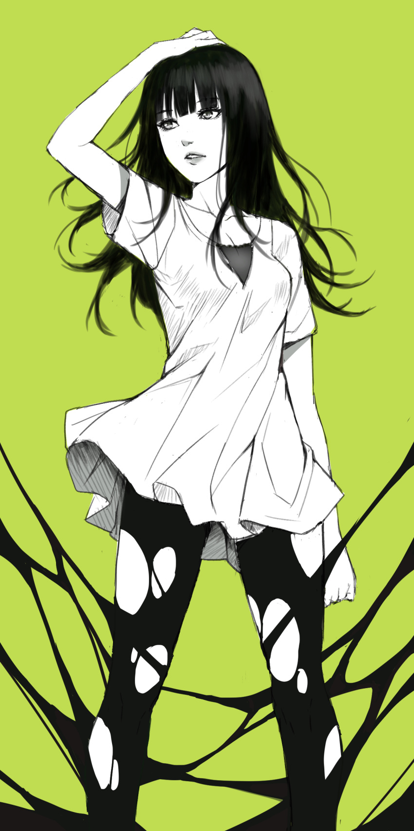 1girl absurdres arm_at_side arm_up bangs blunt_bangs collarbone dress green_background hand_on_head highres legs_apart lips long_hair looking_afar looking_to_the_side monochrome original pantyhose short_sleeves simple_background solo standing tonee torn_clothes torn_pantyhose