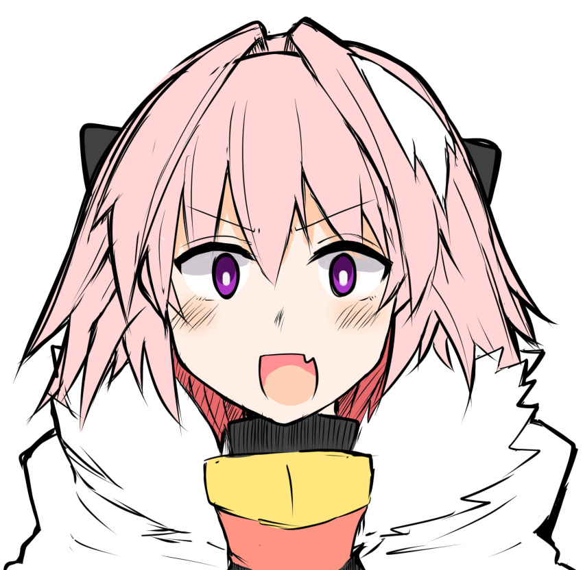 1boy armor astolfo_(fate) black_bow black_ribbon blush bow cape commentary_request fang fate/apocrypha fate_(series) fur_trim hair_intakes hair_ribbon highres male_focus multicolored_hair open_mouth pink_hair ribbon simple_background sketch smile solo streaked_hair takasaki_aneki trap violet_eyes white_background white_hair