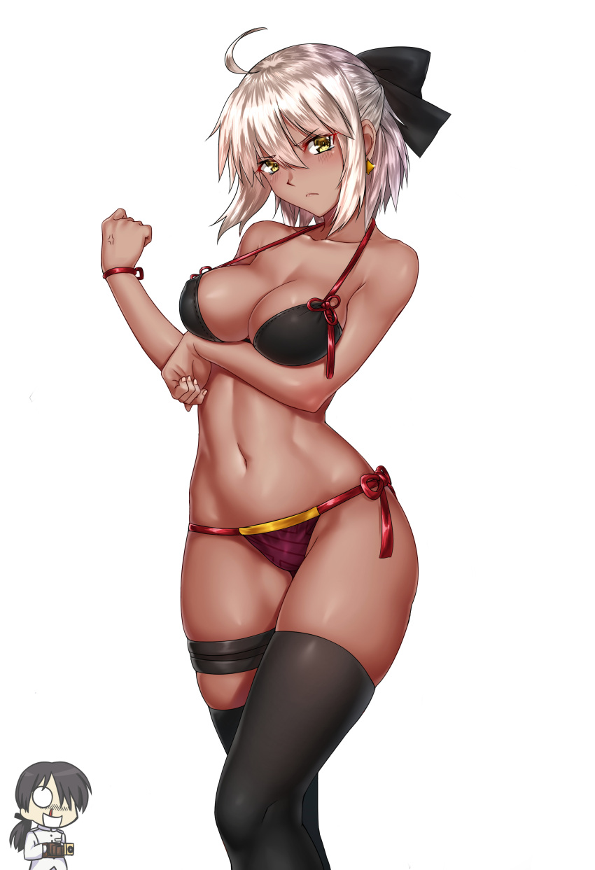 1boy 1girl absurdres ahoge alternate_hairstyle anger_vein bangs bare_arms bare_shoulders bikini black_bikini_top black_bow black_hair black_legwear blood blush bow bracelet breasts camera cleavage closed_mouth collarbone commentary_request cowboy_shot dark_skin eyebrows_visible_through_hair fate/grand_order fate_(series) feet_out_of_frame fingernails groin hair_between_eyes hair_bow hair_ornament halter_top halterneck highres holding holding_camera jewelry kai_(pixiv12466647) large_breasts legs_together long_hair looking_at_viewer midriff navel nosebleed okita_souji_(fate) okita_souji_alter_(fate) ponytail purple_bikini_bottom short_hair side-tie_bikini sidelocks simple_background skindentation solo standing stomach swimsuit thigh-highs thigh_strap toned uniform white_background yellow_eyes