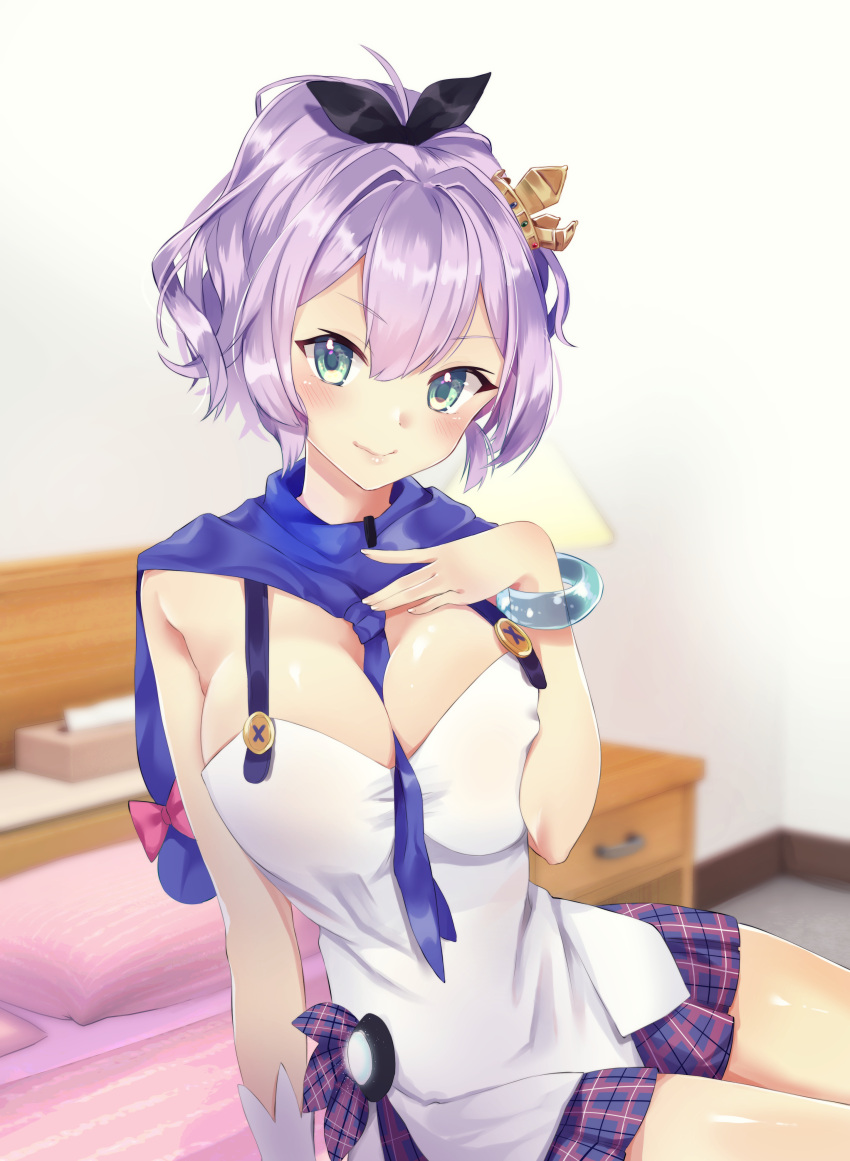 1girl absurdres alternate_breast_size azur_lane between_breasts blue_eyes blurry blurry_background blush bracelet commentary_request crown eyebrows_visible_through_hair hair_ribbon hand_on_own_chest highres indoors javelin_(azur_lane) jewelry looking_at_viewer mini_crown nekomiya_noru_(yuduki710) older on_bed purple_hair ribbon sitting smile solo