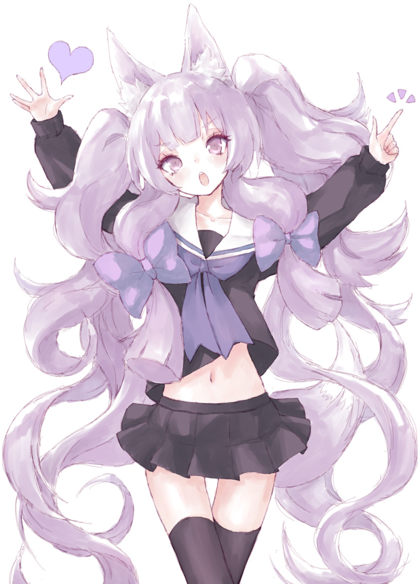 1girl absurdres animal_ears black_serafuku buran_(kure) fox_ears fox_tail grey_eyes heart highres long_hair looking_at_viewer navel open_mouth original pleated_skirt school_uniform serafuku silver_hair skirt solo standing tail thigh-highs thigh_gap white_background