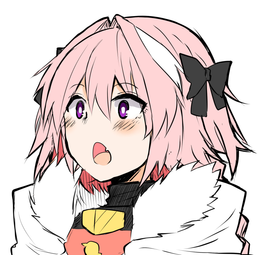 1boy armor astolfo_(fate) black_bow black_ribbon blush bow braid cape commentary_request fang fate/apocrypha fate_(series) fur_trim gasp hair_intakes hair_ribbon highres male_focus multicolored_hair open_mouth pink_hair ribbon simple_background single_braid sketch solo streaked_hair takasaki_aneki trap violet_eyes white_background white_hair