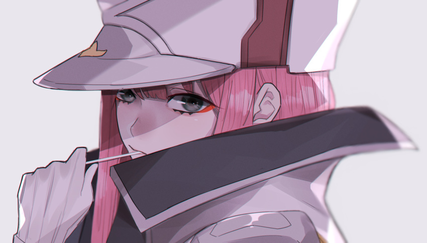 1girl absurdres candy close-up commentary darling_in_the_franxx eyeshadow food gloves green_eyes hat high_collar highres jacket lollipop looking_at_viewer makeup mano_aaa pink_hair red_eyeshadow solo white_gloves zero_two_(darling_in_the_franxx)