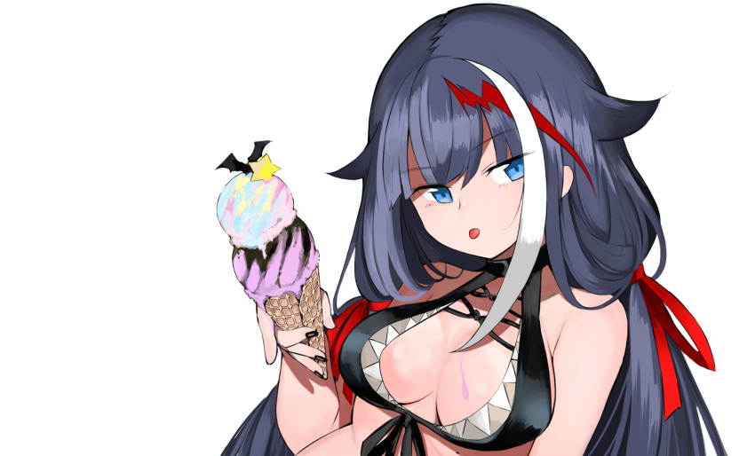 1girl alternate_costume azur_lane bangs bare_shoulders bat black_bikini_top black_choker black_hair black_nails blue_eyes breasts choker deutschland_(azur_lane) deutschland_(service_time?!)_(azur_lane) eyebrows_visible_through_hair food food_on_breasts front-tie_bikini front-tie_top hair_between_eyes hair_flaps hair_ribbon hand_up holding holding_food ice_cream ice_cream_cone ioa2324 large_breasts long_hair looking_at_viewer low_twintails multicolored_hair nail_polish red_ribbon redhead ribbon shiny shiny_hair simple_background solo star streaked_hair tongue tongue_out twintails upper_body white_hair
