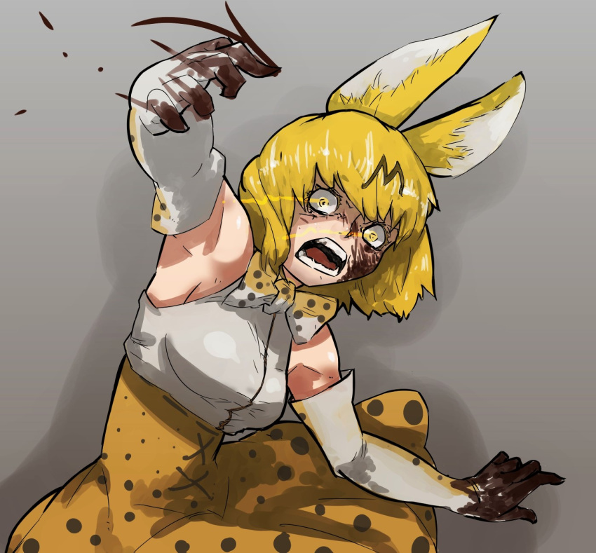 1girl animal_ears attack blood bloody_face bloody_hands commentary_request elbow_gloves gloves grey_background high-waist_skirt highres kemono_friends looking_at_viewer serval_(kemono_friends) serval_ears serval_print skirt solo uzura_dobin