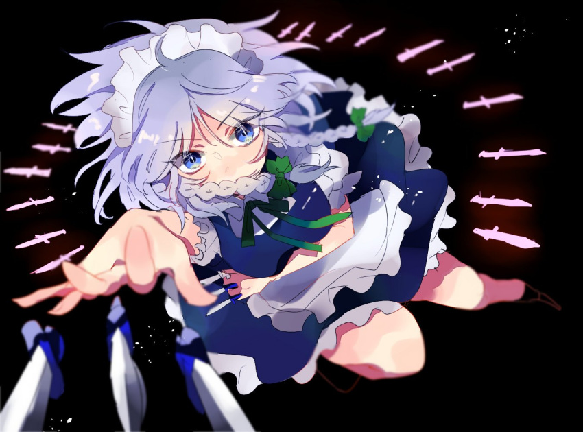 1girl apron black_background black_footwear black_legwear blue_dress blue_eyes bow braid breast_hold breasts commentary_request covered_mouth dress eyebrows_visible_through_hair foreshortening frilled_apron frills full_body green_bow green_neckwear green_ribbon hair_bow holding holding_knife holding_weapon izayoi_sakuya kneehighs knife knives_between_fingers looking_at_viewer maid maid_apron maid_headdress medium_breasts neck_ribbon one_leg_raised petticoat puffy_short_sleeves puffy_sleeves ribbon satou_pote shoes short_hair short_sleeves silver_hair simple_background solo throwing touhou twin_braids v-shaped_eyebrows waist_apron weapon white_apron wing_collar
