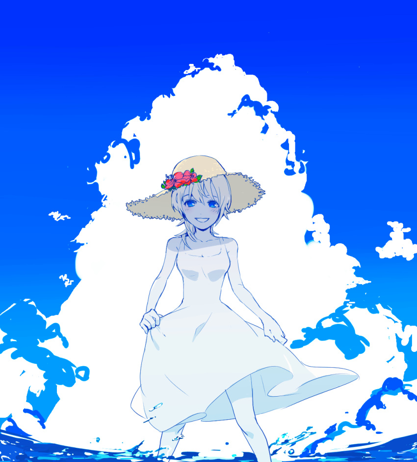 1girl bangs bare_arms bare_shoulders blonde_hair blue_eyes blue_sky breasts cleavage clouds collarbone day dress dress_lift feet_out_of_frame flower hair_between_eyes hat hat_flower hibiscus highres kingdom_hearts kingdom_hearts_ii leaf legs_apart lifted_by_self looking_at_viewer medium_hair namine outdoors ramochi_(auti) red_flower sky smile solo standing straw_hat wading white_dress yellow_hat