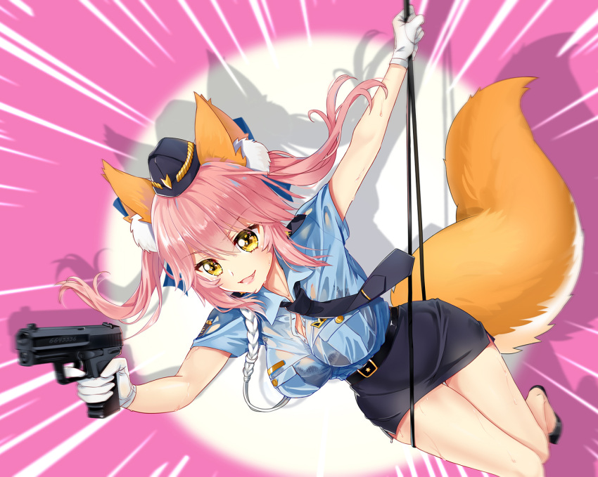 1girl animal_ears black_bra blue_ribbon bra breasts cleavage fang fate/extella fate/extra fate_(series) female_service_cap fox_ears fox_tail gloves gun hair_ribbon handgun hat highres large_breasts necktie open_mouth pink_hair police police_hat police_uniform policewoman ribbon see-through solo sweat tail tamamo_(fate)_(all) tamamo_no_mae_(fate) underwear uniform weapon white_gloves xixi