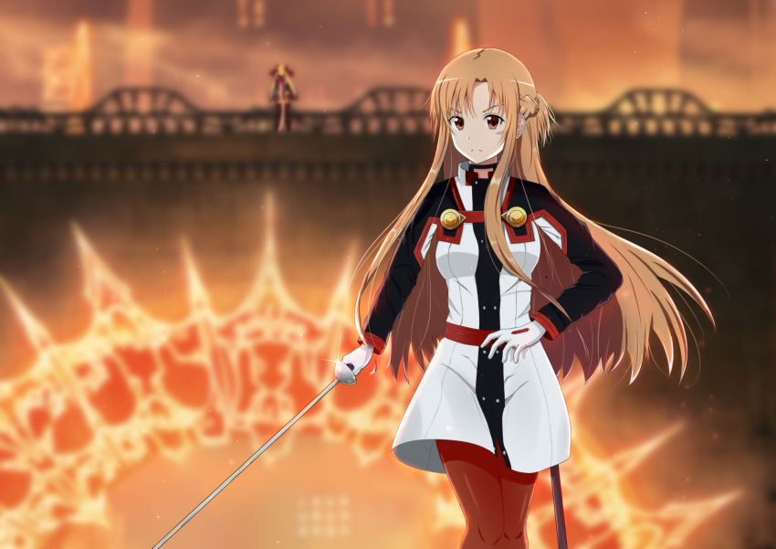 2girls asuna_(sao) blurry blurry_background brown_eyes brown_hair dusk floating_hair gloves highres holding holding_sword holding_weapon long_hair multiple_girls outdoors pants rapier red_pants sheath solo_focus standing sword sword_art_online sword_art_online_the_movie:_ordinal_scale very_long_hair weapon white_gloves xingye_you_xia yuna_(sao)