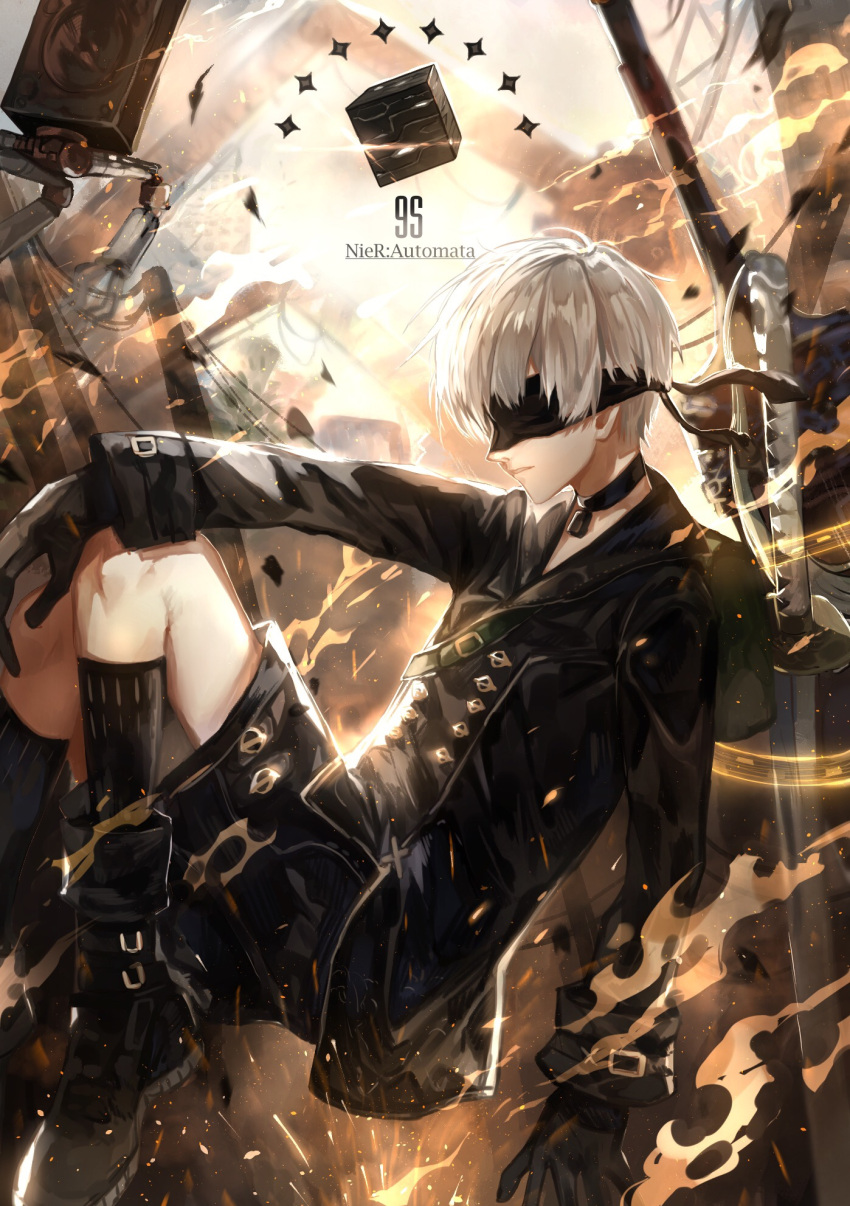 1boy black_blindfold black_choker black_footwear black_gloves black_jacket black_legwear black_shorts blindfold boots brown_background choker copyright_name from_side gloves highres jacket long_sleeves machine male_focus nier_(series) nier_automata parted_lips profile shorts solo tsugutoku white_hair yellow_background yorha_no._9_type_s