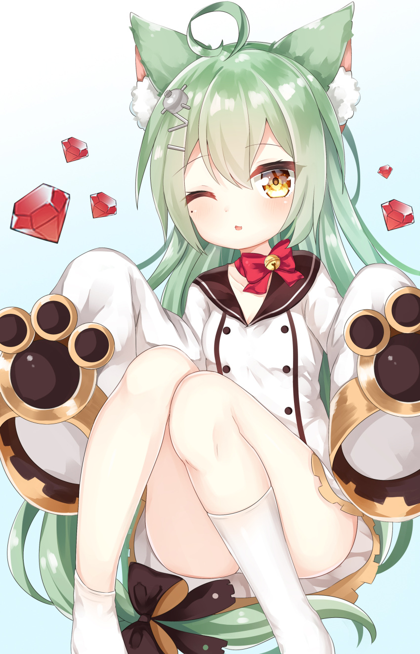 1girl :3 absurdres ahoge akashi_(azur_lane) animal_ears asymmetrical_legwear azur_lane bangs bell black_bow blue_background blush bow breasts brown_eyes cat_ears collarbone commentary_request dress eyebrows_visible_through_hair feet_out_of_frame gradient gradient_background green_hair hair_between_eyes hair_bow hair_ornament hands_up highres jingle_bell ju_(a793391187) kneehighs long_hair long_sleeves looking_at_viewer mole mole_under_eye parted_lips red_bow ruby_(stone) sailor_dress sidelocks single_kneehigh single_sock sleeves_past_fingers sleeves_past_wrists small_breasts socks solo very_long_hair white_background white_dress white_legwear wide_sleeves