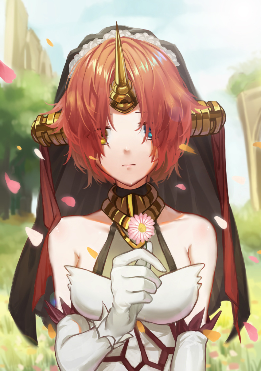 1girl absurdres blue_eyes breasts daisy day elbow_gloves eyes_visible_through_hair fate/apocrypha fate_(series) flower frankenstein's_monster_(fate) gloves hair_over_one_eye heterochromia highres holding holding_flower horn long_hair looking_at_viewer medium_breasts outdoors petals pink_flower redhead short_hair sideboob solo upper_body white_gloves xtears_kitsune yellow_eyes