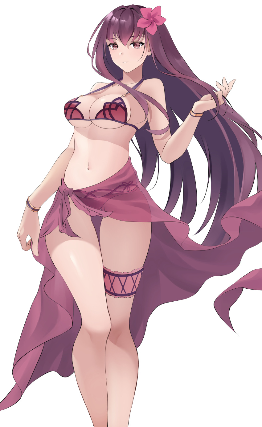 1girl absurdres bare_legs bikini bracelet breasts cropped_legs fate/grand_order fate_(series) flower hair_flower hair_ornament hibiscus highres jewelry large_breasts legs long_hair looking_at_viewer misaki159123 purple_bikini purple_hair sarong scathach_(fate/grand_order) scathach_(swimsuit_assassin)_(fate) simple_background smile solo standing swimsuit thighlet under_boob violet_eyes white_background