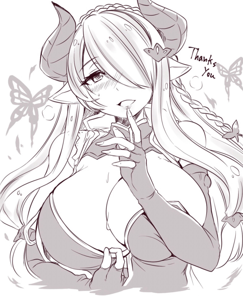 1girl blush braid breasts bug butterfly cleavage draph elbow_gloves fingerless_gloves gloves granblue_fantasy hair_ornament hair_over_one_eye hairclip highres horn insect large_breasts long_hair low_tied_hair monochrome narmaya_(granblue_fantasy) open_mouth pointy_ears single_braid sleeveless solo takatsuki_arunashi
