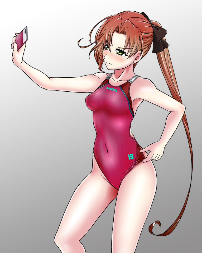 1girl aiuchi akigumo_(kantai_collection) black_ribbon blush breasts brown_hair cellphone competition_swimsuit green_eyes hair_ribbon highres holding holding_phone kantai_collection long_hair mole mole_under_eye one-piece_swimsuit phone pink_swimsuit ponytail ribbon self_shot small_breasts smartphone solo swimsuit taking_picture