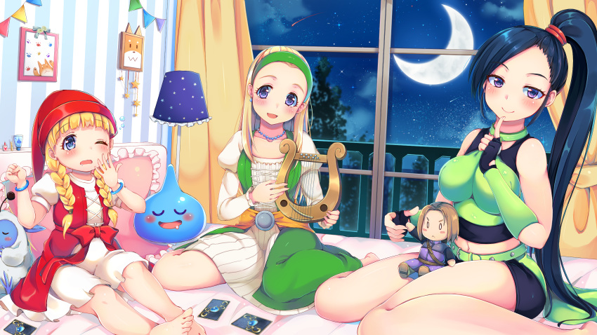 3girls airmisuzu barefoot bed black_hair blonde_hair card chibi crescent_moon dragon_quest dragon_quest_xi finger_to_mouth hairband harp hero_(dq11) highres instrument looking_at_viewer martina_(dq11) midriff moon multiple_girls navel ponytail senya_(dq11) sitting sky slime_(dragon_quest) smile star_(sky) starry_sky veronica_(dq11) wariza window