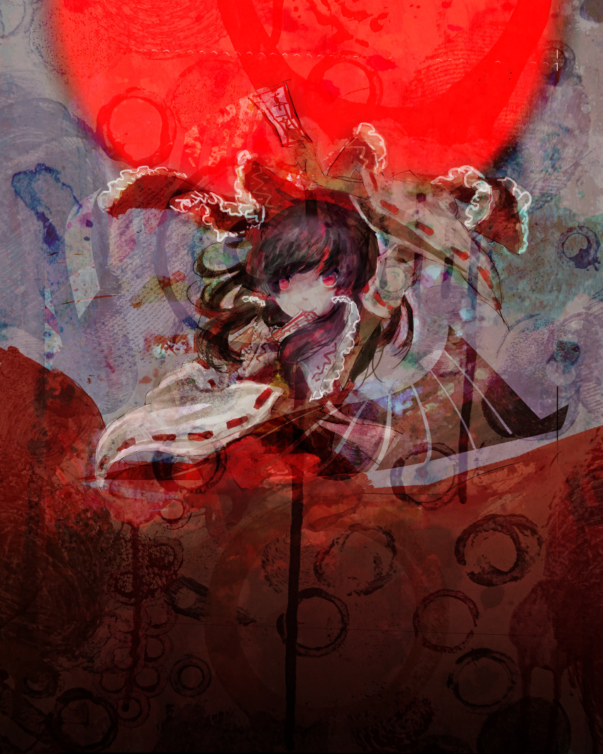 1girl absurdres ascot bangs bow detached_sleeves eyebrows_visible_through_hair hair_between_eyes hair_bow hair_tubes hakurei_reimu highres looking_at_viewer red_eyes ribbon-trimmed_sleeves ribbon_trim sano_naoi skirt solo touhou wide_sleeves