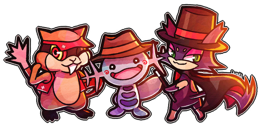 :d artist_name black_cape black_hat cape duskb fedora gen_2_pokemon gen_5_pokemon green_eyes hat highres life_vest looking_at_viewer magician no_humans one_eye_closed open_mouth patrat pokemon pokemon_(creature) purrloin red_eyes smile standing top_hat visor wand wooper yellow_sclera