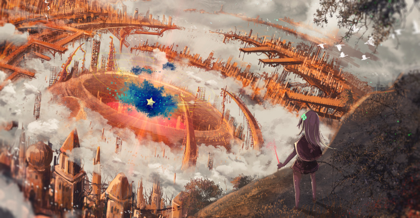 1girl bird building cityscape clouds facing_away highres observatory original poncho sin:ck skirt star steampunk white_hair