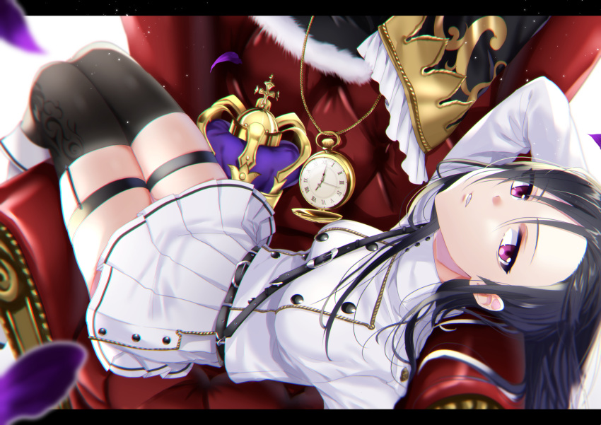 1girl banner black_hair black_legwear boots crown garter_straps head_back highres jacket letterboxed long_hair long_sleeves looking_at_viewer lying military military_uniform miniskirt on_back original outside_border parted_lips petals pleated_skirt pocket_watch shizuku_tarou skirt skirt_set solo thigh-highs thigh_strap throne uniform violet_eyes watch white_footwear white_jacket white_skirt