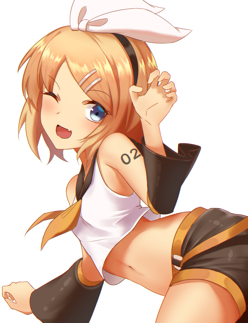 1girl ;d absurdres black_hairband black_shorts blonde_hair crop_top detached_sleeves devil-dantake eyebrows_visible_through_hair fang hair_ornament hair_ribbon hairband hairclip head_tilt highres kagamine_rin long_hair midriff navel neckerchief number one_eye_closed open_mouth ribbon shiny shiny_clothes short_shorts shorts simple_background smile solo stomach tattoo vocaloid white_background white_ribbon yellow_neckwear