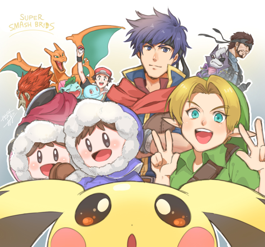 1girl 6+boys bandanna beard black_eyes blonde_hair blue_eyes blue_hair brown_hair charizard closed_mouth commentary creatures_(company) eyebrows_visible_through_hair facial_hair fire_emblem fire_emblem:_souen_no_kiseki game_freak ganondorf gen_1_pokemon gen_2_pokemon green_eyes green_tunic ice_climber ice_climbers ike intelligent_systems ivysaur jandara_rin konami looking_at_viewer metal_gear_(series) metal_gear_solid multiple_boys nana_(ice_climber) nintendo_ead open_mouth pichu pokemon pokemon_(creature) pokemon_frlg pokemon_gsc pokemon_hgss pokemon_rgby pokemon_trainer popo_(ice_climber) red_(pokemon) red_eyes redhead sideburns smile solid_snake sora_(company) squirtle star_fox super_smash_bros. super_smash_bros._ultimate super_smash_bros_brawl super_smash_bros_crusade super_smash_bros_melee the_legend_of_zelda the_legend_of_zelda:_ocarina_of_time thumbs_up tunic v_v wolf_o'donnell young_link