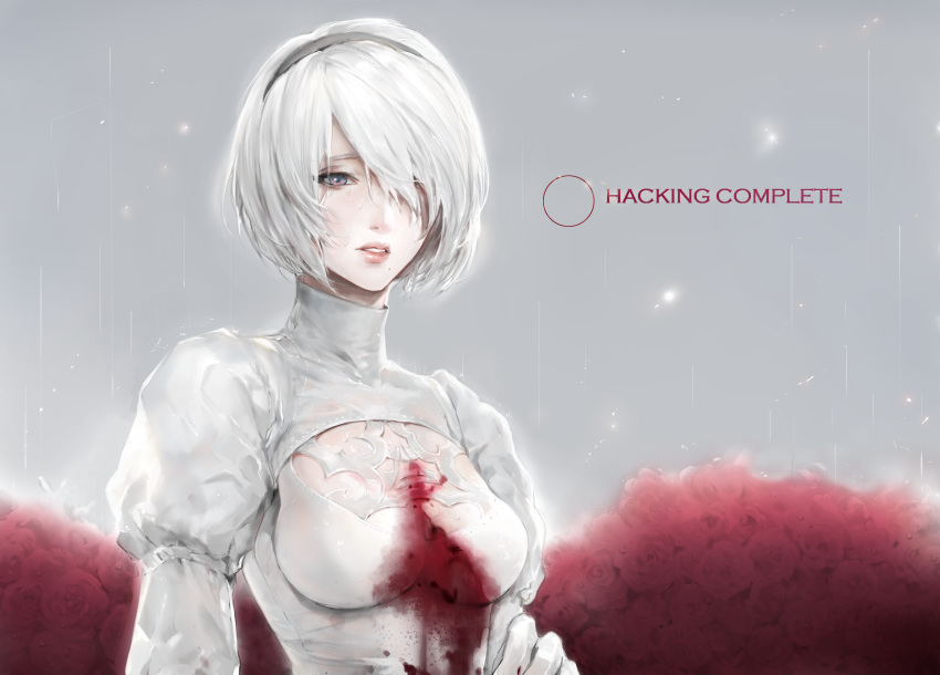 1girl absurdres alternate_color bangs blood bloody_clothes blue_eyes breasts cleavage cleavage_cutout dress english flower gloves grey_background grey_hairband hair_over_one_eye hairband highres juliet_sleeves light_particles long_sleeves looking_away looking_down medium_breasts mole mole_under_mouth mucuzi nier_(series) nier_automata no_blindfold parted_bangs parted_lips puffy_sleeves rain red_flower rose sad short_hair solo turtleneck upper_body wet white_dress white_gloves yorha_no._2_type_b