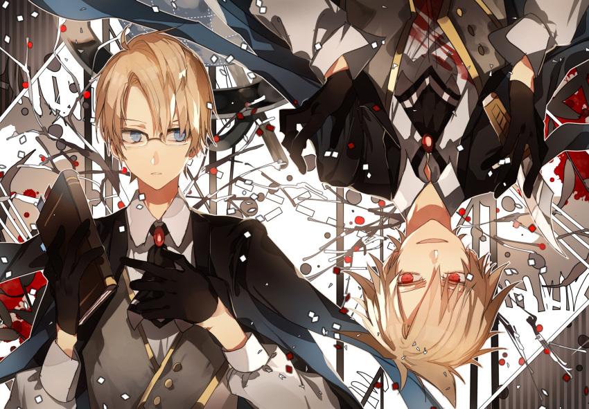 black_gloves black_neckwear blonde_hair blood blood_splatter blue_eyes book collared_shirt dual_persona fate/grand_order fate_(series) glasses gloves grey_background grey_vest half_gloves highres holding holding_book jekyll_and_hyde_(fate) long_sleeves no_eyewear open_mouth parted_lips red_background red_eyes shirt smile striped striped_background tsugutoku upside-down vertical-striped_background vertical_stripes vest white_background white_shirt