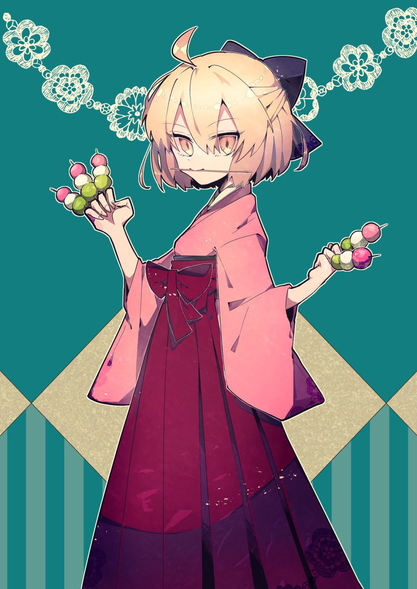 1girl ahoge bangs black_bow blonde_hair bow closed_eyes closed_mouth dango eyebrows_visible_through_hair eyes_visible_through_hair fate/grand_order fate_(series) food hair_between_eyes hair_bow hakama hakama_skirt haori highres japanese_clothes koha-ace long_sleeves mouth_hold okita_souji_(fate) outline red_hakama sanshoku_dango short_hair smile tenioha wagashi wide_sleeves yellow_eyes