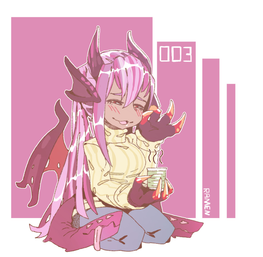 1girl :3 animal_ears artist_name blue_pants chibi claws commentary cup dragon_horns dragon_wings english_commentary extra_mouth half-closed_eyes hand_up head_fins heart highres holding horns jabberwock_(monster_girl_encyclopedia) long_hair looking_at_viewer monster_girl monster_girl_encyclopedia multicolored_hair pants parted_lips pink_background pink_hair purple_hair ramenwarwok red_eyes seiza sitting smile solo streaked_hair sweater tentacle tumblr_username wings yellow_sweater