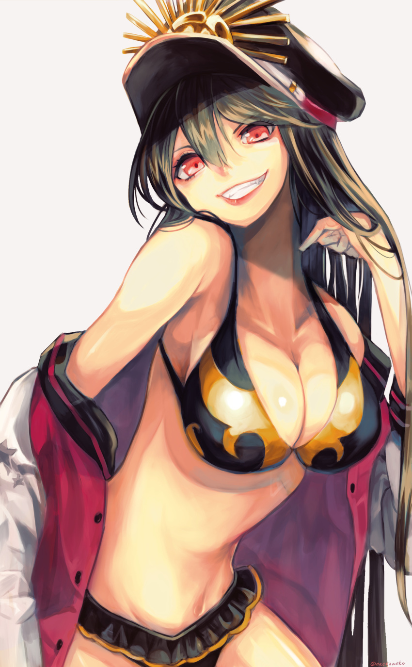 1girl absurdres bikini black_hair breasts cleavage fate/grand_order fate_(series) frilled_bikini frills grey_background grin groin hair_between_eyes hand_in_hair head_tilt highres large_breasts lipstick long_hair looking_at_viewer makeup navel oda_nobunaga_(fate) onekoneko red_eyes red_lipstick shiny shiny_skin sideboob simple_background smile solo swimsuit very_long_hair