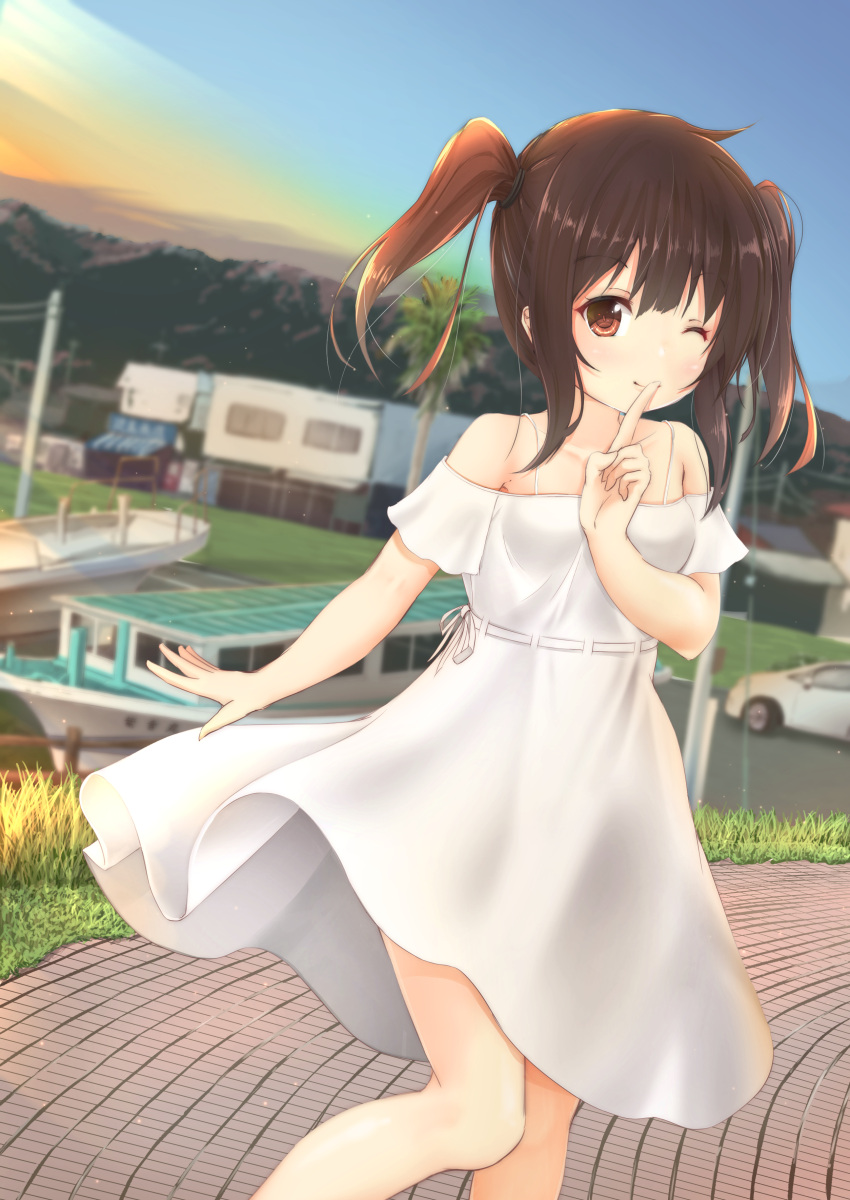 1girl ;) absurdres bangs bare_shoulders blue_sky blurry blurry_background blush brown_eyes brown_hair building car closed_mouth commentary_request depth_of_field dress eyebrows_visible_through_hair fence finger_to_mouth fingernails ground_vehicle hair_between_eyes highres long_hair looking_at_viewer maru_shion motor_vehicle off-shoulder_dress off_shoulder one_eye_closed original outdoors ribbon ship shushing sidelocks sky smile solo standing sunset telephone_pole twintails watercraft white_dress white_ribbon