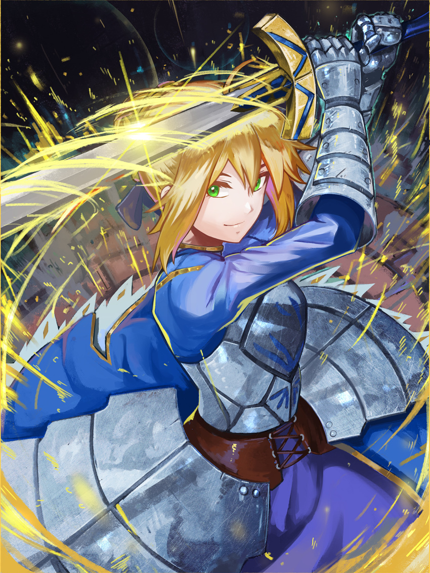 1girl armor armored_dress artoria_pendragon_(all) blonde_hair blue_bow blue_dress bow breastplate closed_mouth cowboy_shot dress excalibur fate/stay_night fate_(series) gauntlets green_eyes hair_bow highres holding holding_sword holding_weapon looking_at_viewer memekun saber short_hair smile solo sword weapon