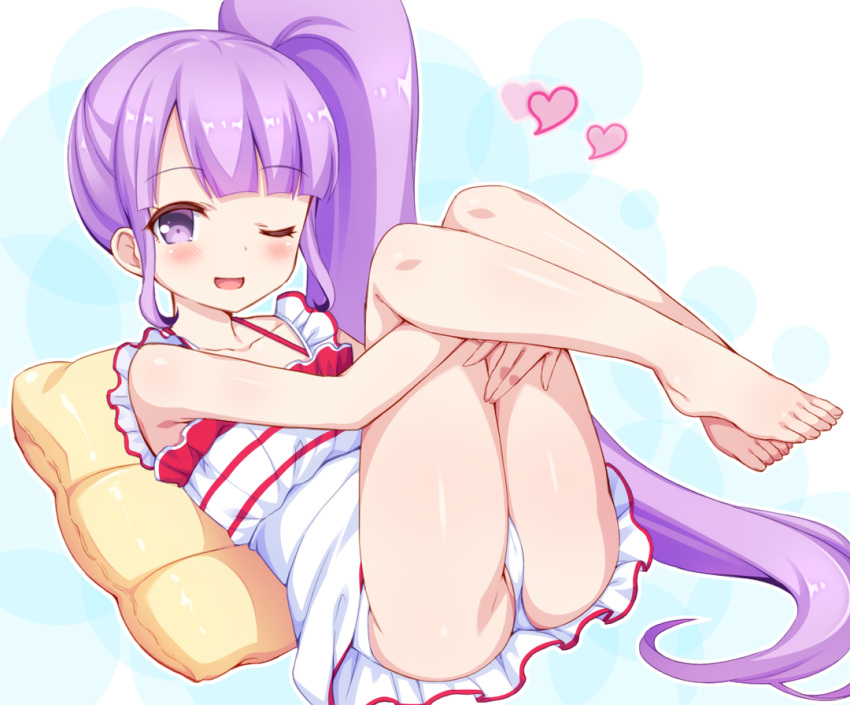 1girl ;d bangs barefoot blunt_bangs blush dress eyebrows_visible_through_hair feet green_eyes heart legs legs_up long_hair looking_at_viewer lying manaka_non on_back one_eye_closed open_mouth panties pillow pripara purple_hair side_ponytail smile solo tiger_rmn underwear very_long_hair violet_eyes white_dress white_panties