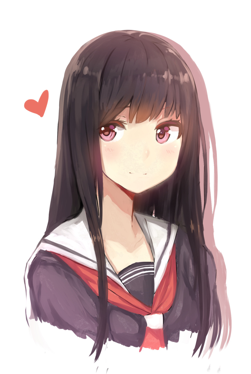 1girl bangs black_hair black_shirt closed_mouth heart highres long_hair looking_at_viewer neckerchief original osiimi red_eyes red_neckwear sailor_collar school_uniform serafuku shirt simple_background smile solo upper_body white_background white_sailor_collar